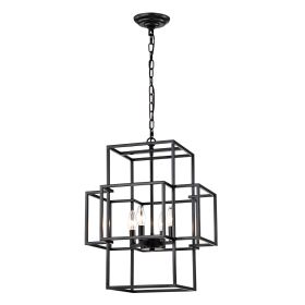 4-Light Metal Lantern Tiered Pendant Hanging Light Fixtures, Industrial Farmhouse Adjustable Height Chandeliers For Dining Room Hallway Foyer Ent (Option: Matte Black)